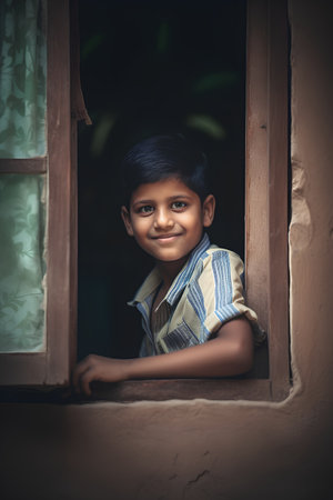 Cute indian little boy looking out the window at home.の素材