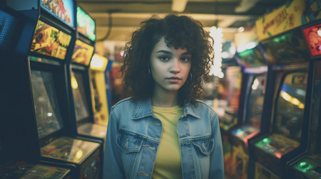 Portrait of a young woman looking at the camera in a vintage arcadeの素材
