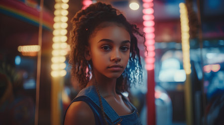 Beautiful african american girl in amusement park at night.の素材