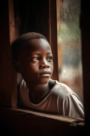 Portrait of a cute little African boy looking out the window.の素材
