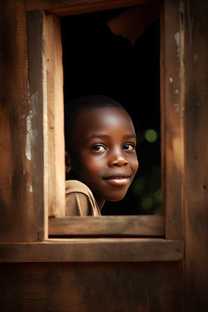 Foto de Cute african boy looking out of the window in a wooden house - Imagen libre de derechos