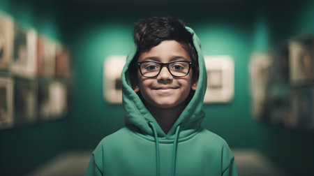 Portrait of a boy in a green hoodie and glasses.の素材