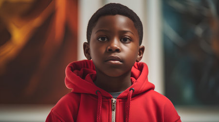 African american child in red hoodie looking at the camera.の素材