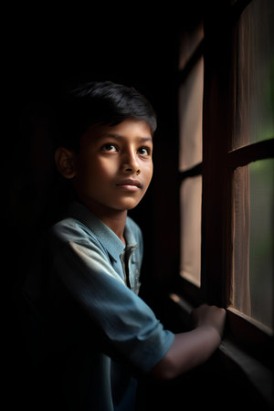 indian boy looking out the window at home in the evening.の素材