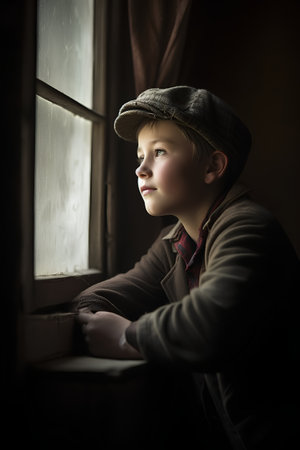 A portrait of a cute little boy in a hat and coat looking out the windowの素材