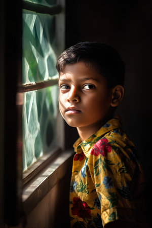 Portrait of a cute indian boy looking out the window.の素材