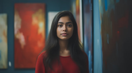 Portrait of a beautiful asian woman in red dress in museumの素材
