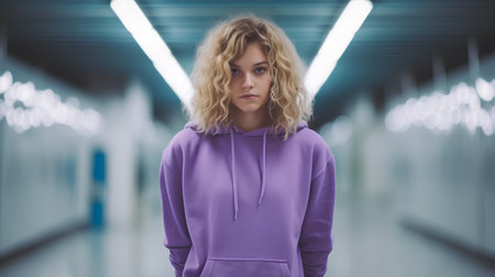Beautiful young woman with long blond curly hair in purple hoodie standing in the corridor.の素材