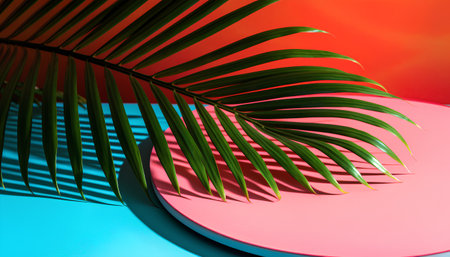 Tropical palm leaf on pink and blue background. Minimal summer concept.の素材