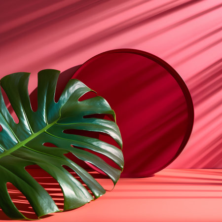 Tropical palm leaf on a red background. 3d renderの素材