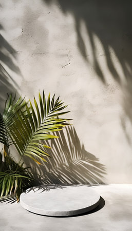 Podium and palm leaf shadow on concrete wall. 3d renderingの素材