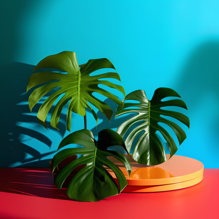 Tropical monstera leaves on colorful background. 3d renderingの素材