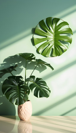Monstera leaves in a pot on a green background. 3d renderingの素材