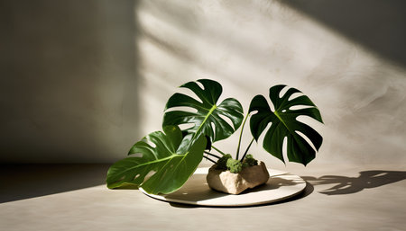 Tropical Monstera plant in a pot on a beige backgroundの素材