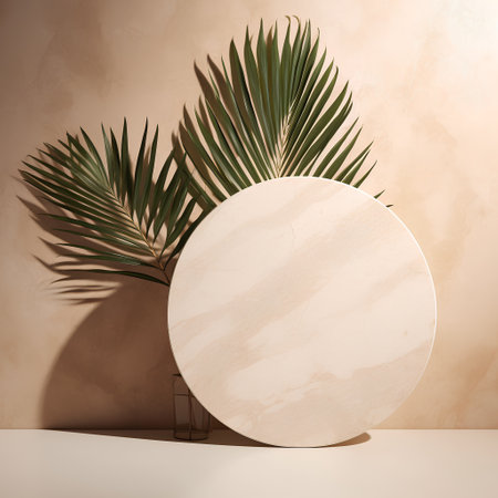 Blank round podium with palm leaves on beige background. 3d renderの素材