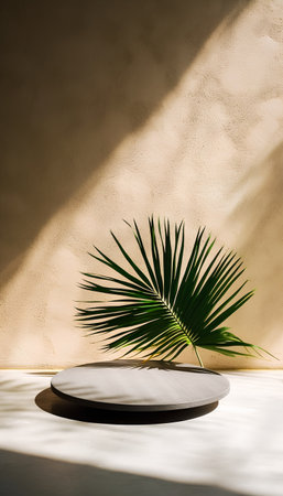 3d render of empty podium for product presentation with palm leaf shadowの素材