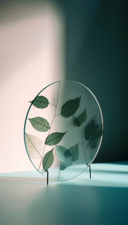 3d render, abstract composition with glass globe and green leaves, minimal conceptの素材