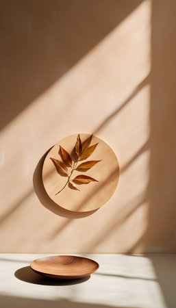 Wooden podium for product presentation in sunlight. 3d render.の素材