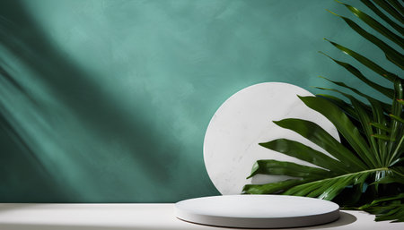 3d render of minimal abstract composition with marble podium and tropical leaves on green backgroundの素材