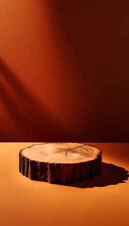 Wooden stand on orange background with shadow. 3D rendering.の素材