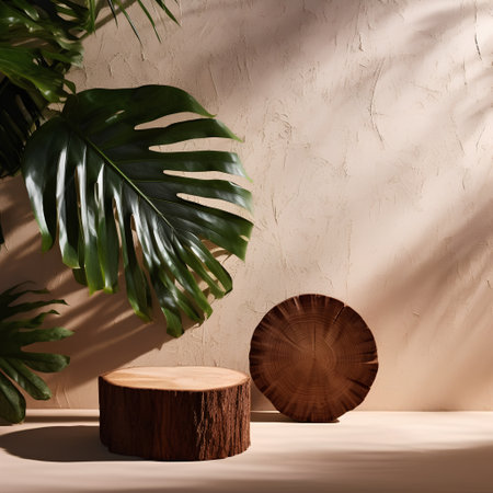 Wooden podiums with monstera leaves on a beige backgroundの素材