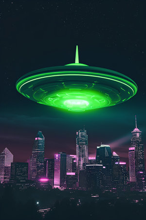 Futuristic UFO flying over the city at night. 3D Renderingの素材