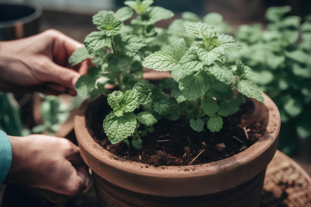 Mint plant in a pot in the hands of a gardenerの素材