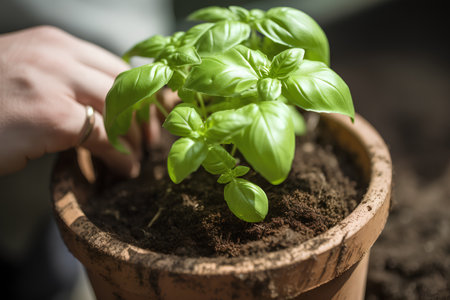 Woman planting basil in a pot. Selective focus. nature.の素材