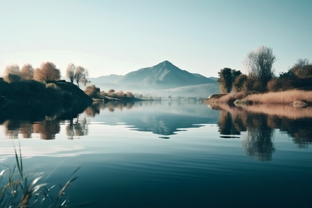 Beautiful autumn landscape with lake and mountain in the background, retro styleの素材