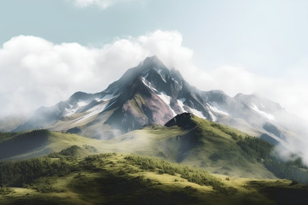 Mountain landscape with blue sky and white clouds. 3d renderの素材