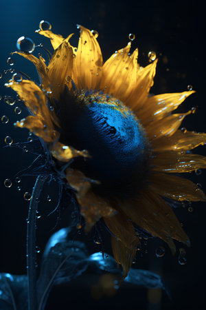 Sunflower with water drops on dark background. 3D illustration.の素材