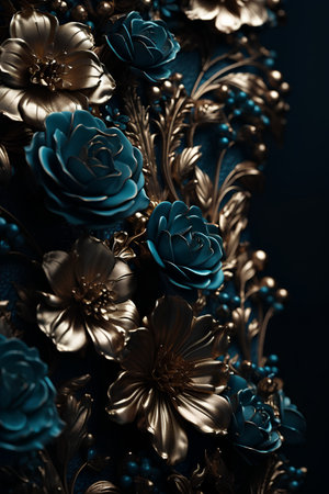Beautiful blue and gold flowers on a dark background. Toned.の素材