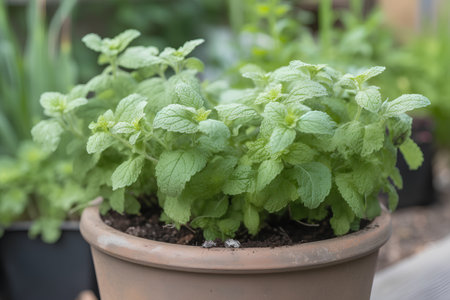 Fresh mint growing in a pot on a blurred background of greeneryの素材