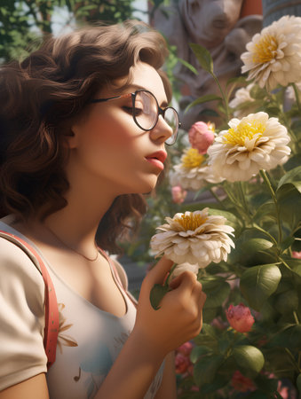 Portrait of a beautiful girl in glasses with a bouquet of flowers.の素材