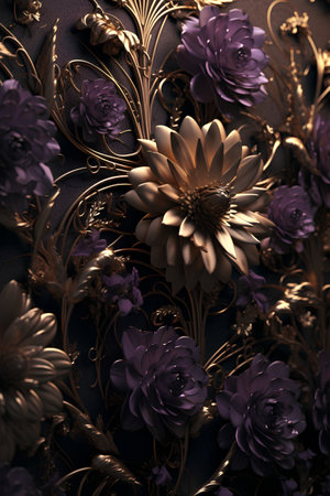 3D render of a beautiful vintage background with gold and purple flowersの素材