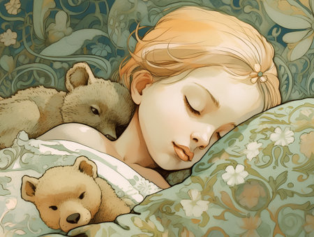 Sleeping girl with teddy bears. Hand drawn illustration.の素材