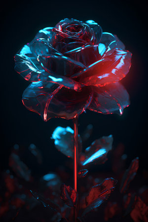 3D illustration of a red rose on a black background with blue lightsの素材