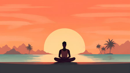 Vector illustration of a woman practicing yoga on the beach at sunset.の素材
