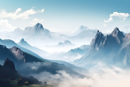 Mountain landscape with clouds and fog. EPS 10 vector file includedの素材