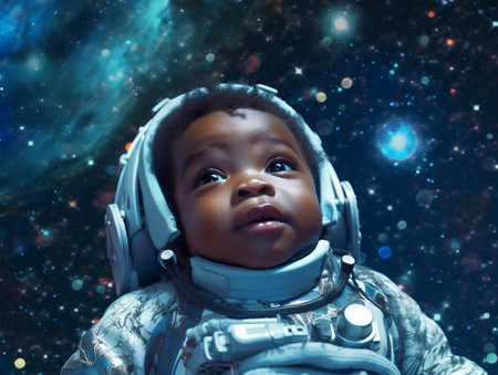 Cute african american little boy in astronaut suit against space backgroundの素材