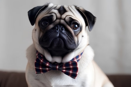 Pug dog with bow tie sitting on sofa and looking at cameraの素材