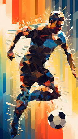 Soccer player kicking the ball. Low poly style vector illustration.の素材