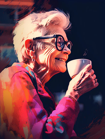 Portrait of an old woman with a cup of coffee. Photo in old color image style.の素材