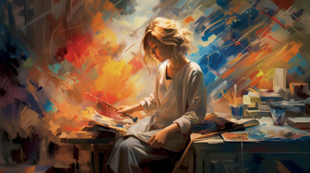 Young woman artist painting on canvas. Oil painting style. Colorful background.の素材