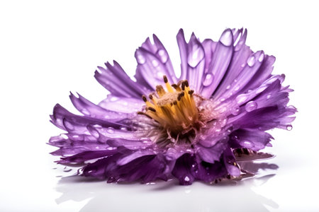 purple flower isolated on white background with water drops, close upの素材