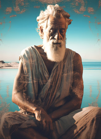 Portrait of an old man sitting on the shore of a lakeの素材