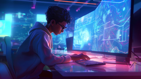 Cyber security concept. Young man in hoodie and glasses using computer with binary code on the screen.の素材