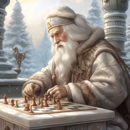 Santa Claus is playing chess in the winter forest. 3d illustrationの素材