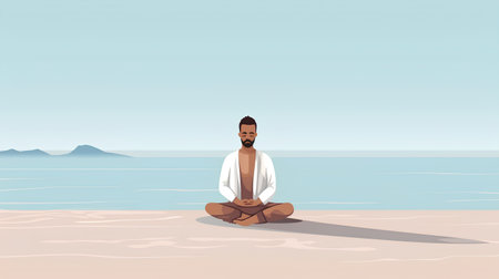 Man meditating on the beach. Vector illustration in cartoon style.の素材