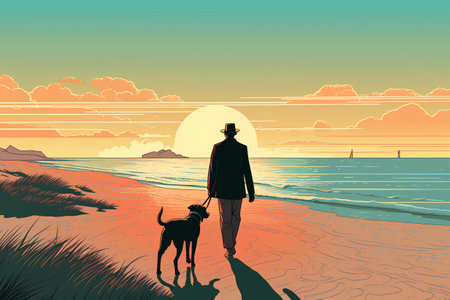 Man with dog on the beach at sunset. Vector illustration for your designの素材
